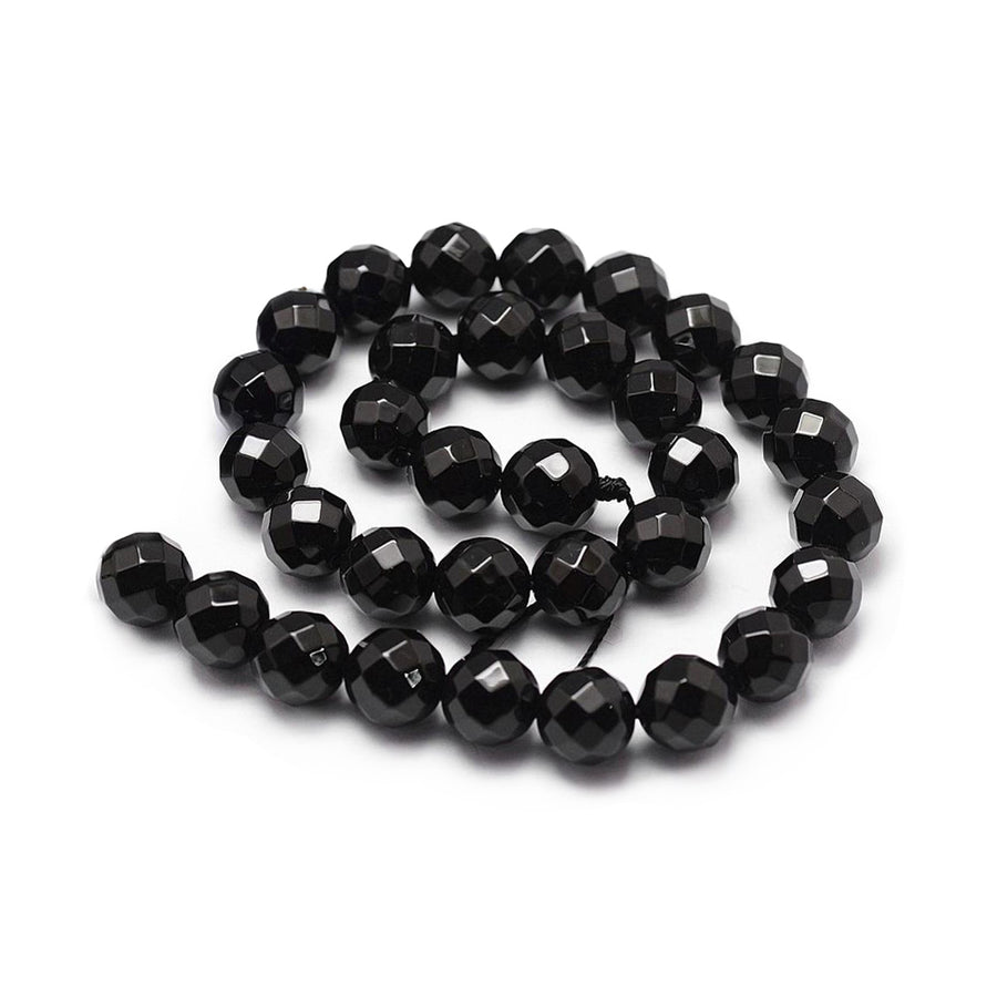 Faceted, Round Black Onyx Beads. Semi-Precious Gemstone Beads for DIY Jewelry Making.   Size: 6mm Diameter, Hole: 1mm; approx. 60pcs/strand, 14.5" Inches Long.  Material: Grade "A" Faceted Black Onyx, Black Color. Polished, Shinny Finish.