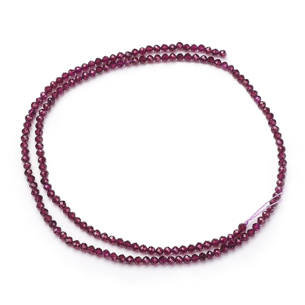 Premium Grade Faceted Garnet Beads, Round. Semi-Precious Gemstone Beads for DIY Jewelry Making.  Size: 2mm Diameter, Hole: 0.5mm; approx. 195pcs/strand, 15" Inches Long.  Material: Grade AA Natural Garnet Beads, Faceted Natural Stone Beads. Polished, Shinny Finish.