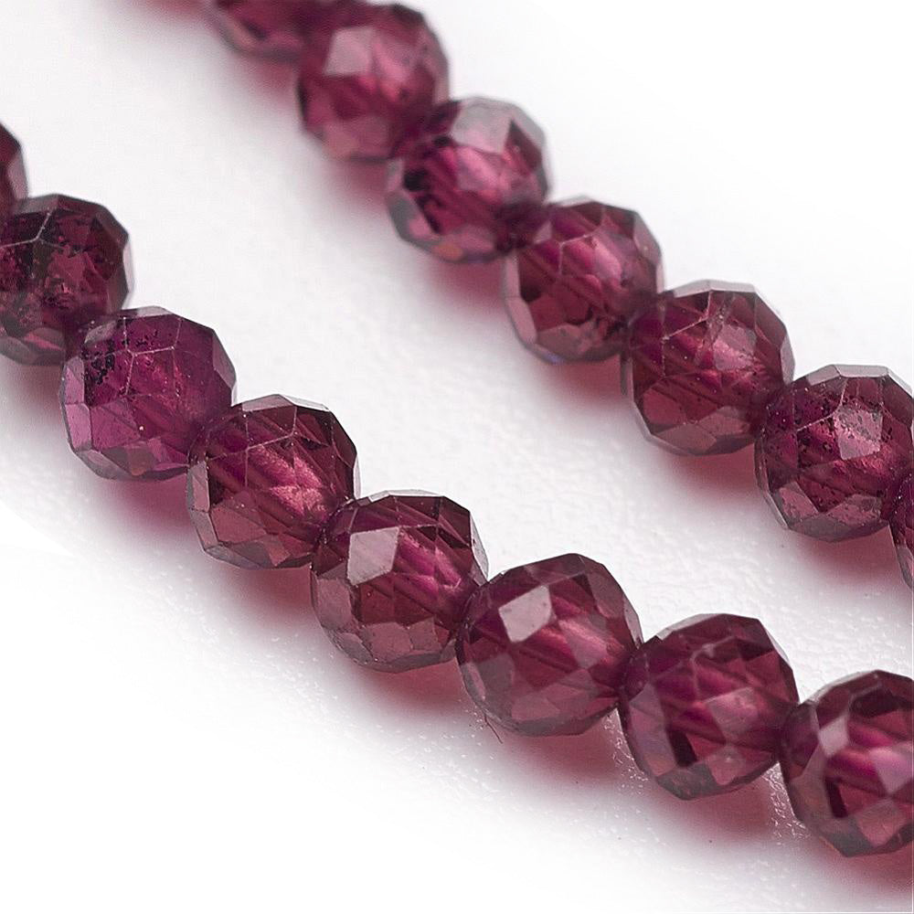 Premium Grade Faceted Garnet Beads, Round. Semi-Precious Gemstone Beads for DIY Jewelry Making.  Size: 2mm Diameter, Hole: 0.5mm; approx. 195pcs/strand, 15" Inches Long.  Material: Grade AA Natural Garnet Beads, Faceted Natural Stone Beads. Polished, Shinny Finish.