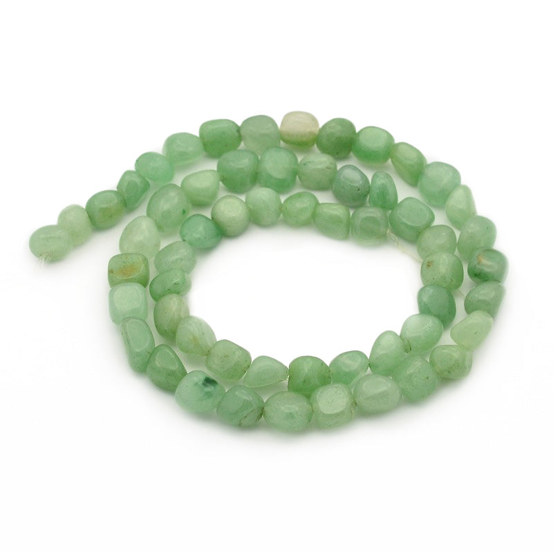 Green Aventurine Tumbled Stone Nugget Beads, Green color Semi-Precious Stone Nuggets.  Size: approx. 5-7mm wide, 5-7mm long, hole: 1mm; approx. 32 inches long.  Material: Natural Green Aventurine Nugget Beads. Green Colored Chip Beads. Polished, Shinny Finish.