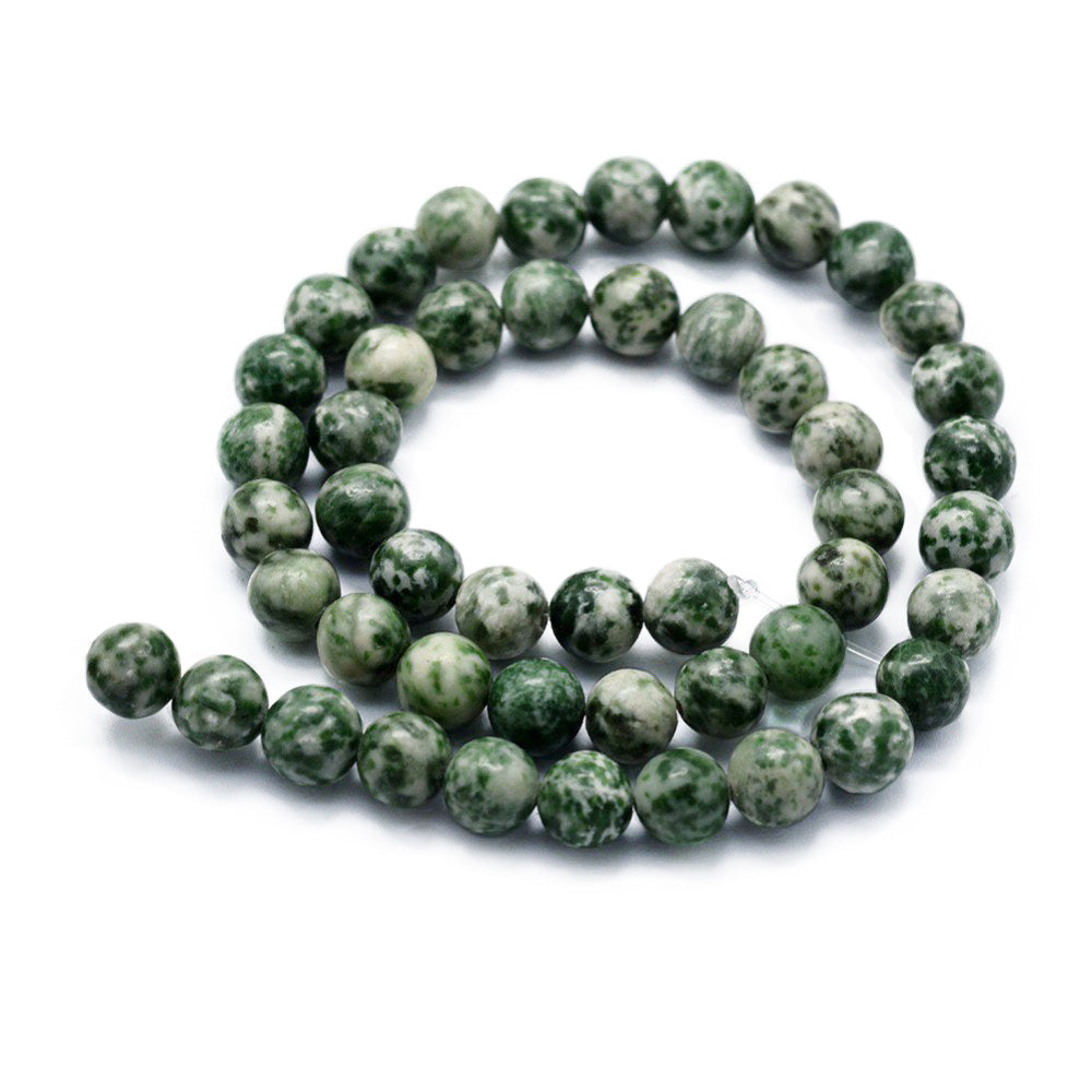 Green Spot Jasper Beads, Round, Green & White Color. Semi-Precious Stone Jasper Beads for Jewelry Making. Great Beads for Stretch Bracelets.  Size: 10mm Diameter, Hole: 1mm; approx. 36pcs/strand, 14" Inches Long.  Material: The Beads are Natural Green Spot Jasper Stone. Loose Gemstone Beads, Medium Green Colored with White Markings. Polished, Shinny Finish.