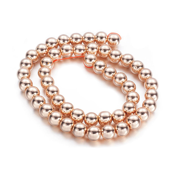 Rose Gold Hematite Spacer Beads, Electroplated Non-magnetic Synthetic Hematite Bead Strands, Round, Rose Gold Plated. Rose Gold Spacers for Jewelry Making.  Size: 6mm in diameter, hole: 1-1.5mm; approx. 67-70pcs/strand, 15.7 inches.