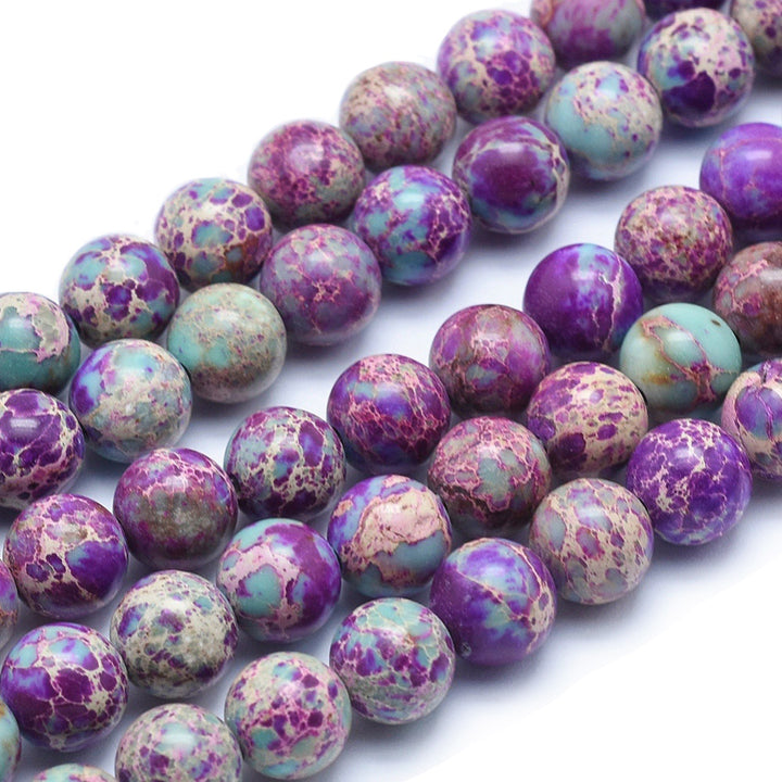 Imperial Jasper Beads, Round, Blue Violet Color. Semi-Precious Stone Jasper Beads for Jewelry Making.   Size: 8mm Diameter, Hole: 1mm; approx. 46pcs/strand, 15" inches long.  Material: Natural Imperial Jasper. Dyed Blue Violet Color. Polished, Shinny Finish.