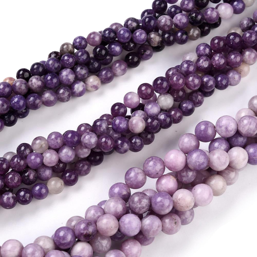 Lepidolite Beads, Round, Purple Color. Purple Mica Semi-Precious Gemstone Beads for DIY Jewelry Making.   Size: 6mm Diameter, Hole: 0.7mm; approx. 60-62pcs/strand, 15" Inches Long.  Material: Genuine Natural Lepidolite Beads, Light Purple Color. Polished, Shinny Finish. 