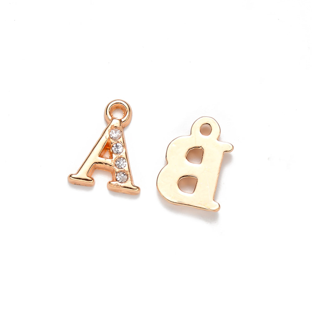 Light Gold Alloy Rhinestone Alphabet Charms, Clear Crystal, Gold Colored Letter A-Z Charms for DIY Jewelry Making. Alphabet Charms for Bracelet and Necklace Making.