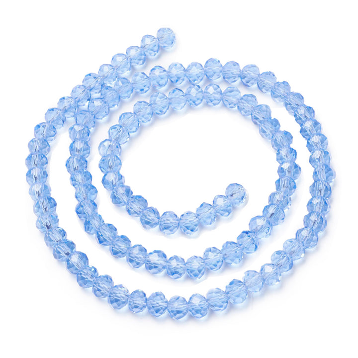 Glass Crystal Beads, Faceted, Light Sky Blue Color, Rondelle, Glass Crystal Bead Strands. Shinny Crystal Beads for Jewelry Making.  Size: 4mm Diameter, 3mm Thick, Hole: 0.4mm; approx. 120-127pcs/strand, 16" inches long.  Material: The Beads are Made from Glass. Glass Crystal Beads, Rondelle, Sky Blue Colored Beads. Polished, Shinny Finish.