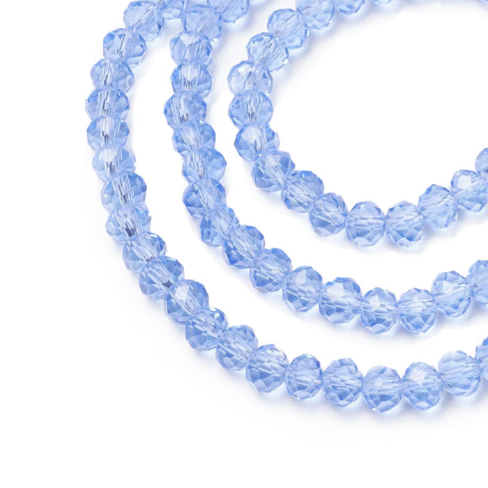 Glass Crystal Beads, Faceted, Light Sky Blue Color, Rondelle, Glass Crystal Bead Strands. Shinny Crystal Beads for Jewelry Making.  Size: 4mm Diameter, 3mm Thick, Hole: 0.4mm; approx. 120-127pcs/strand, 16" inches long.  Material: The Beads are Made from Glass. Glass Crystal Beads, Rondelle, Sky Blue Colored Beads. Polished, Shinny Finish.