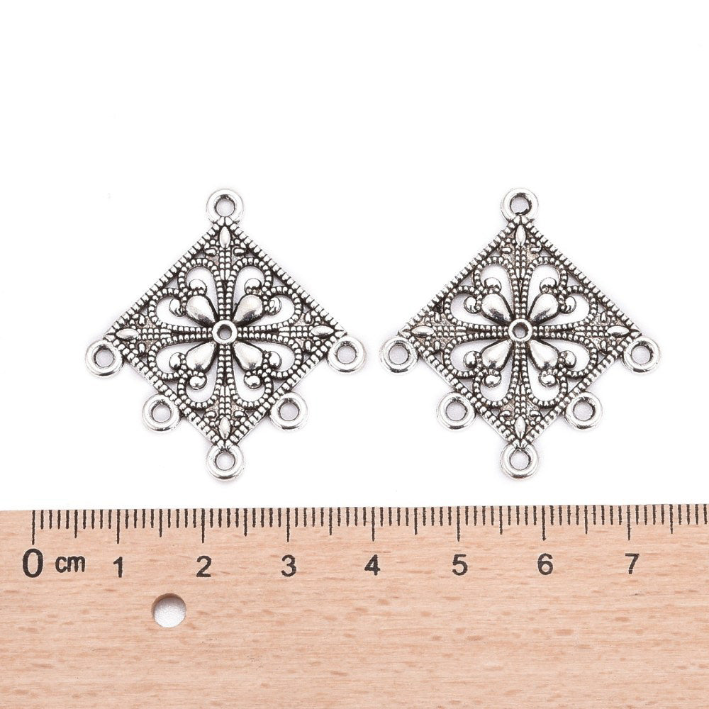 Tibetan Link Connectors, Rhombus Chandelier. Antique Silver Colored Connector for DIY Jewelry Making. Great for Making Boho Earrings or Dangle Earrings.  Size: 35mm Length, 33mm Width, 1.5mm Thick, Hole: 2mm, Quantity: 4pcs/bag.  Material: Alloy (Lead and Cadmium Free) Connectors, Links.. Antique Silver Color. Shinny Finish.