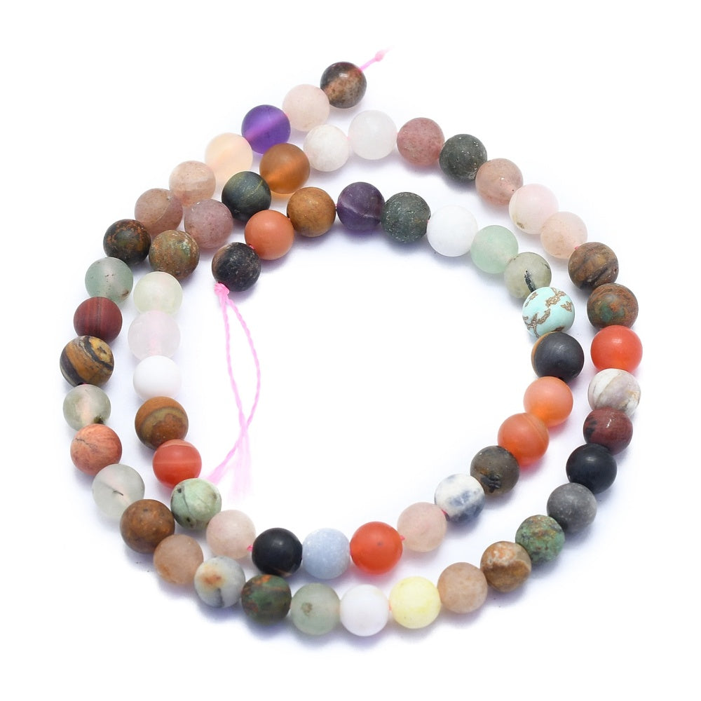 Natural Mixed Gemstone Beads, Frosted, Round, Multi-Color. Colorful Semi-Precious Gemstone Beads for Jewelry Making.   Size: 6mm Diameter, Hole: 0.8mm; approx. 60pcs/strand, 15.5" Inches Long.  Material: Genuine Mixed Gemstone Loose Gemstone Beads. Unpolished, Matte Finish.  www.beadlot.com