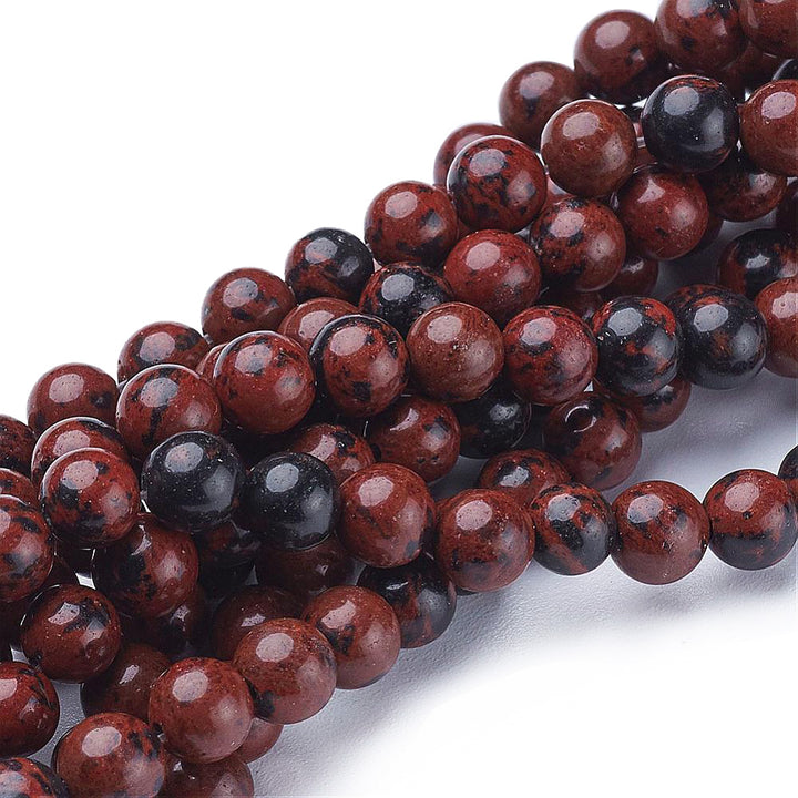 Mahogany Obsidian Beads, Round, Mahogany Brown Color. Semi-Precious Gemstone Beads for DIY Jewelry Making.  Size: 6mm Diameter, Hole: 1mm, approx. 60pcs/strand, 15 Inches Long.  Material: Genuine Mahogany Obsidian Loose Gemstone Beads. Mahogany Reddish Brown Color with Black Markings. Polished, Shinny Finish.