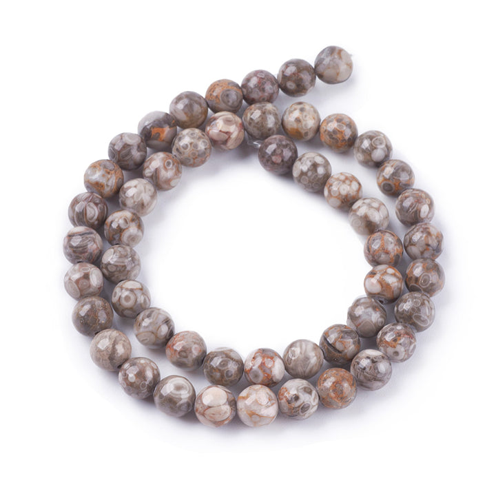 Natural Maifan Stone Beads, Round, Cream Color. Maifanite Semi-Precious Gemstone Beads for DIY Jewelry Making. Great for Mala Bracelets. Grey & Cream Color Fossil Beads.  Size: 4mm Diameter, Hole: 1mm; approx. 94pcs/strand, 15" Inches Long.  Material: Genuine Maifanite/Maifan Stone Beads. High Quality Natural Fossilized Medicine Stone Beads. Greyish Cream Color with Brown Markings. Polished Finish.