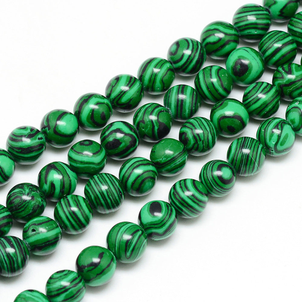 Synthetic Malachite Beads, Round, Dark Green Color. Semi-precious Stone Beads for DIY Jewelry Making.  Size: 6mm in Diameter, Hole: 1mm, approx. 62pcs/strand, 14.5" Inches Long.  Material: Synthetic Malachite Beads, dyed Dark Green Color. Smooth, Shinny Finish.