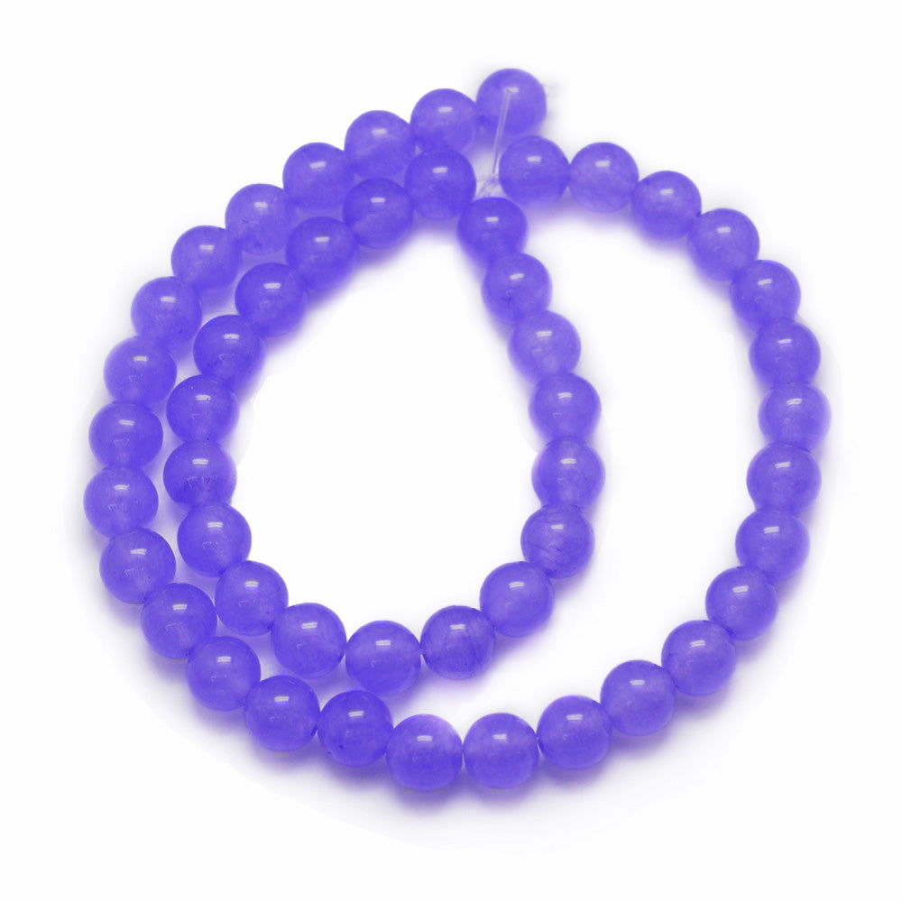 Purple Jade Beads, Round, Medium Purple Color. Semi-Precious Crystal Gemstone Beads for Jewelry Making.   Size: 8mm Diameter, Hole: 1mm; approx. 47pcs/strand, 14.75" inches long.  Material: The Beads are Natural White Jade, Dyed Medium Purple Color. Polished, Shinny Finish.