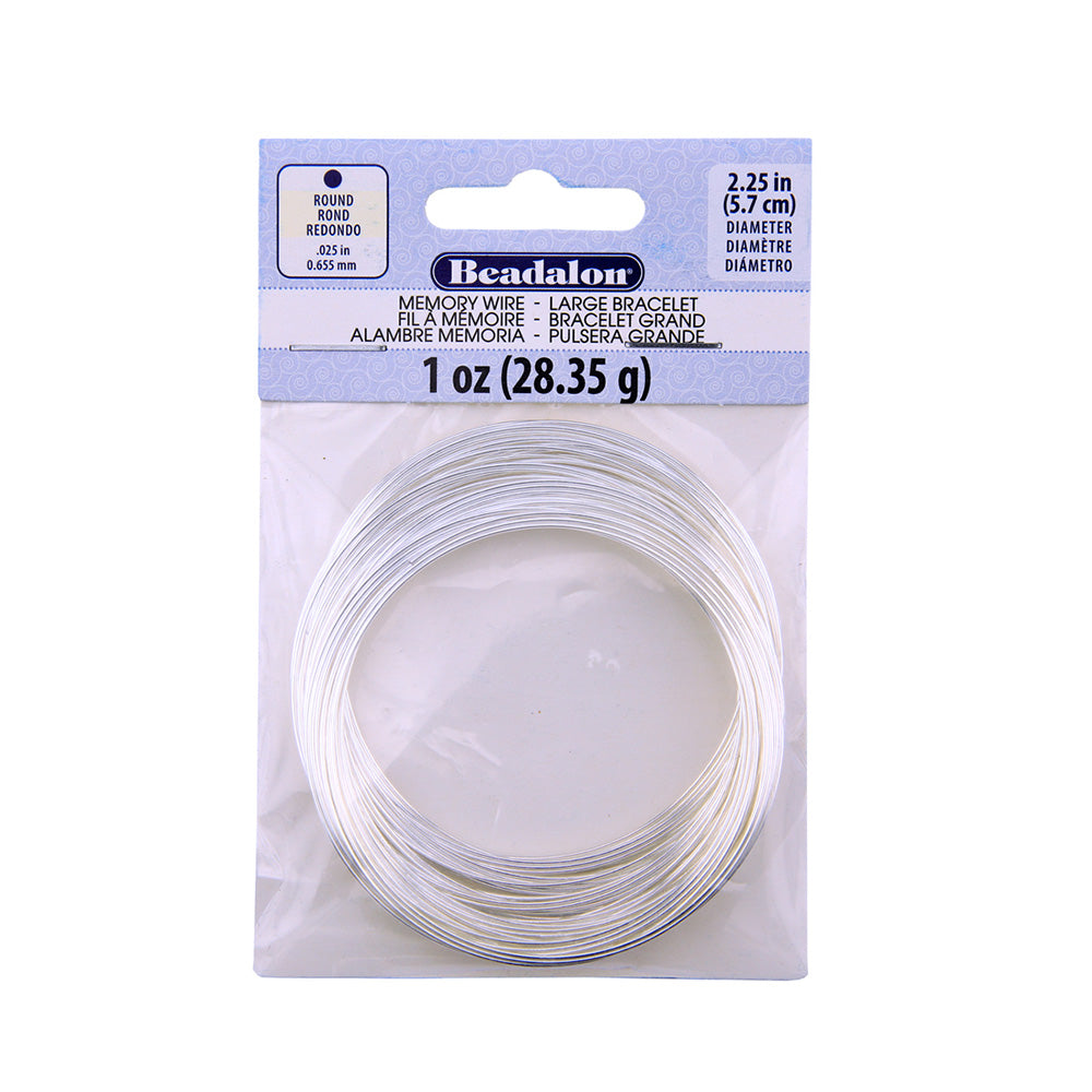 Beadalon Memory Wire, Large Round Bracelet, Silver Color Memory Wire for DIY Jewelry Making.  Size: 2.25 in Diameter (5.7cm) Memory Wire QTY: 1 OZ. approx. 65 coils per/pack.  Color: Silver  Shape: Round  Material: Memory Wire, Silver Plated Color.  Brand: Beadalon