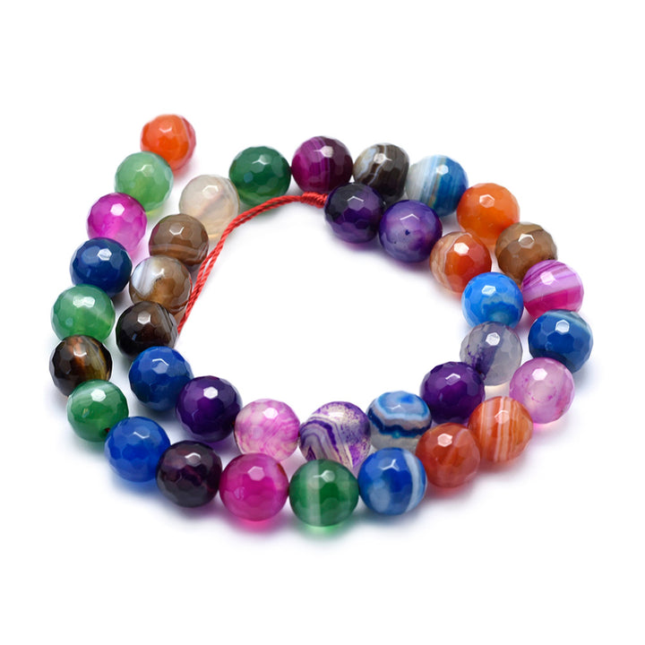 Faceted Agate Beads, Round, Dyed, Mixed Color Agate. Semi-Precious Gemstone Beads for Jewelry Making. Great for Stretch Bracelets and Necklaces.  Size: 8mm Diameter, Hole: 1mm; approx. 45pcs/strand, 14" Inches Long.  Material: Faceted Agate Stone Beads. Dyed, Multi-Color Beads. Polished, Shinny Finish.