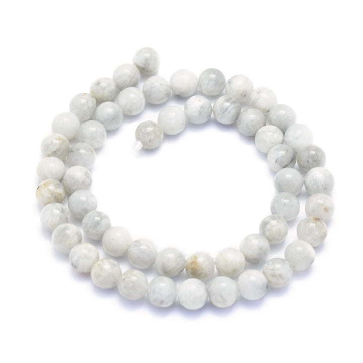 Genuine Moonstone Beads, Round, Light Grey/White Color. Semi-Precious Moonstone Beads.  Size: 8mm Diameter, Hole: 0.7mm; approx. 48pcs/strand, 15" inches long.  Material: Genuine Moonstone Gemstone Beads. Light Grey/White Color. Polished, Shinny Finish.