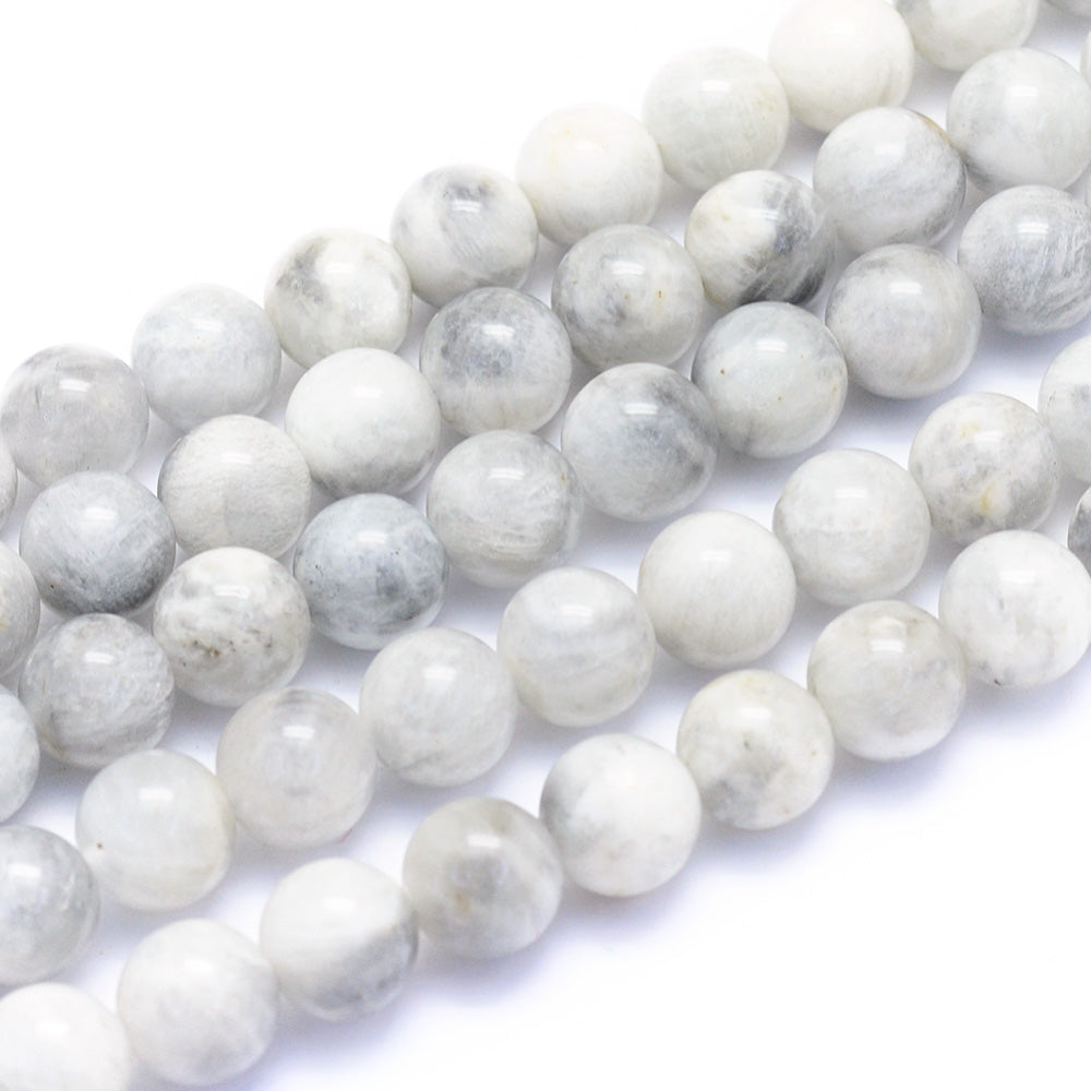 Genuine Moonstone Beads, Round, Light Grey/White Color. Semi-Precious Moonstone Beads.  Size: 8mm Diameter, Hole: 0.7mm; approx. 48pcs/strand, 15" inches long.  Material: Genuine Moonstone Gemstone Beads. Light Grey/White Color. Polished, Shinny Finish.