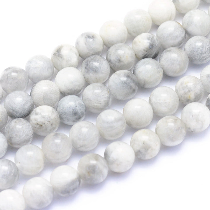 Genuine Moonstone Beads, Round, Light Grey/White Color. Semi-Precious Moonstone Beads.  Size: 8mm Diameter, Hole: 0.7mm; approx. 48pcs/strand, 15" inches long.  Material: Genuine Moonstone Gemstone Beads. Light Grey/White Color. Polished, Shinny Finish.