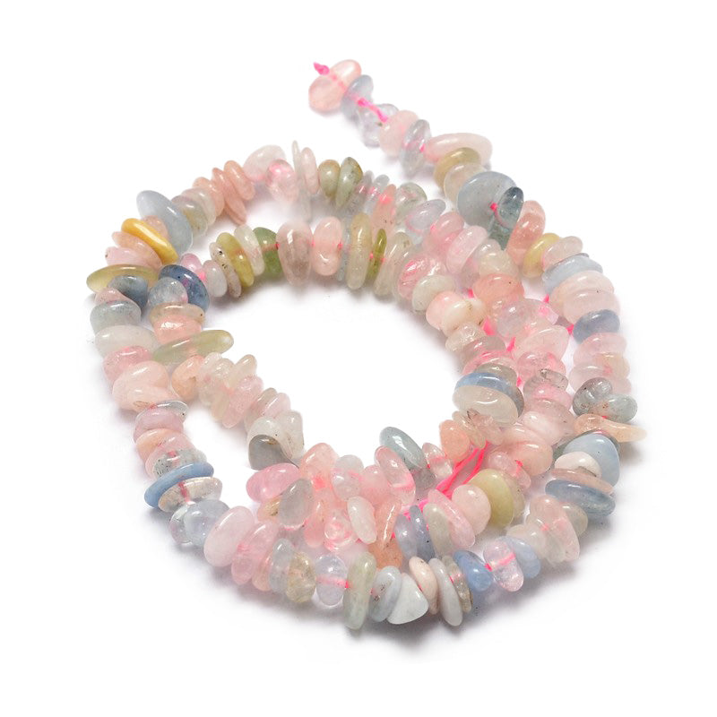 Morganite Chip Beads, Pale Pink Multicolored Semi-Precious Stone Chips.  Size: approx. 5~10mm wide, 4~10mm long, Hole: 1mm; approx. 32 inches long.  Material: Genuine Natural Morganite Chip Beads. Pale Multi-colored Chip Beads. Polished, Shinny Finish.