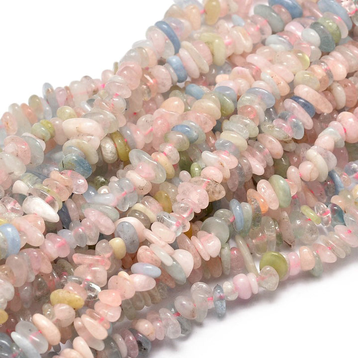 Morganite Chip Beads, Pale Pink Multicolored Semi-Precious Stone Chips.  Size: approx. 5~10mm wide, 4~10mm long, Hole: 1mm; approx. 32 inches long.  Material: Genuine Natural Morganite Chip Beads. Pale Multi-colored Chip Beads. Polished, Shinny Finish.