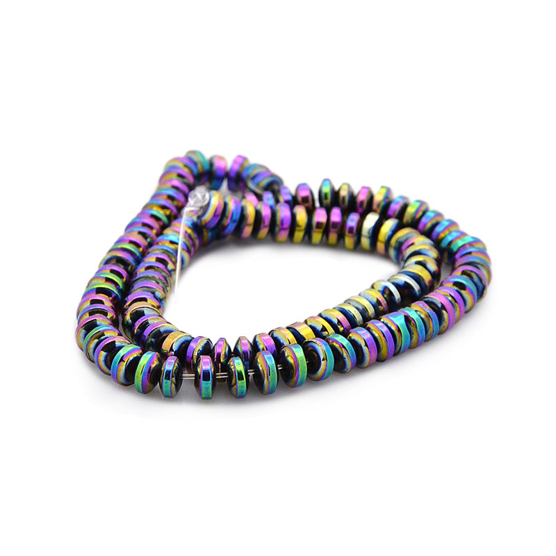 Premium Quality Electroplated Non-Magnetic Synthetic Hematite Beads, Multi-color Plated.   Size: 6mm Wide, 2.5mm Thick, Hole: 1mm, approx. 85-89pcs/strand, 9" Inches Long.  Material: Grade AAA Non-Magnetic Synthetic Hematite Beads. Multi Color Plated. Rondelle Shape. Polished, Shinny Metallic Lustrous Finish. Long Lasting Plating.