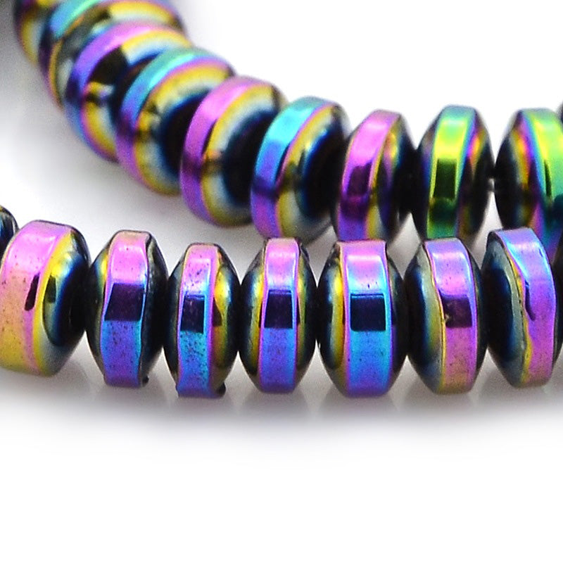 Premium Quality Electroplated Non-Magnetic Synthetic Hematite Beads, Multi-color Plated.   Size: 6mm Wide, 2.5mm Thick, Hole: 1mm, approx. 85-89pcs/strand, 9" Inches Long.  Material: Grade AAA Non-Magnetic Synthetic Hematite Beads. Multi Color Plated. Rondelle Shape. Polished, Shinny Metallic Lustrous Finish. Long Lasting Plating.