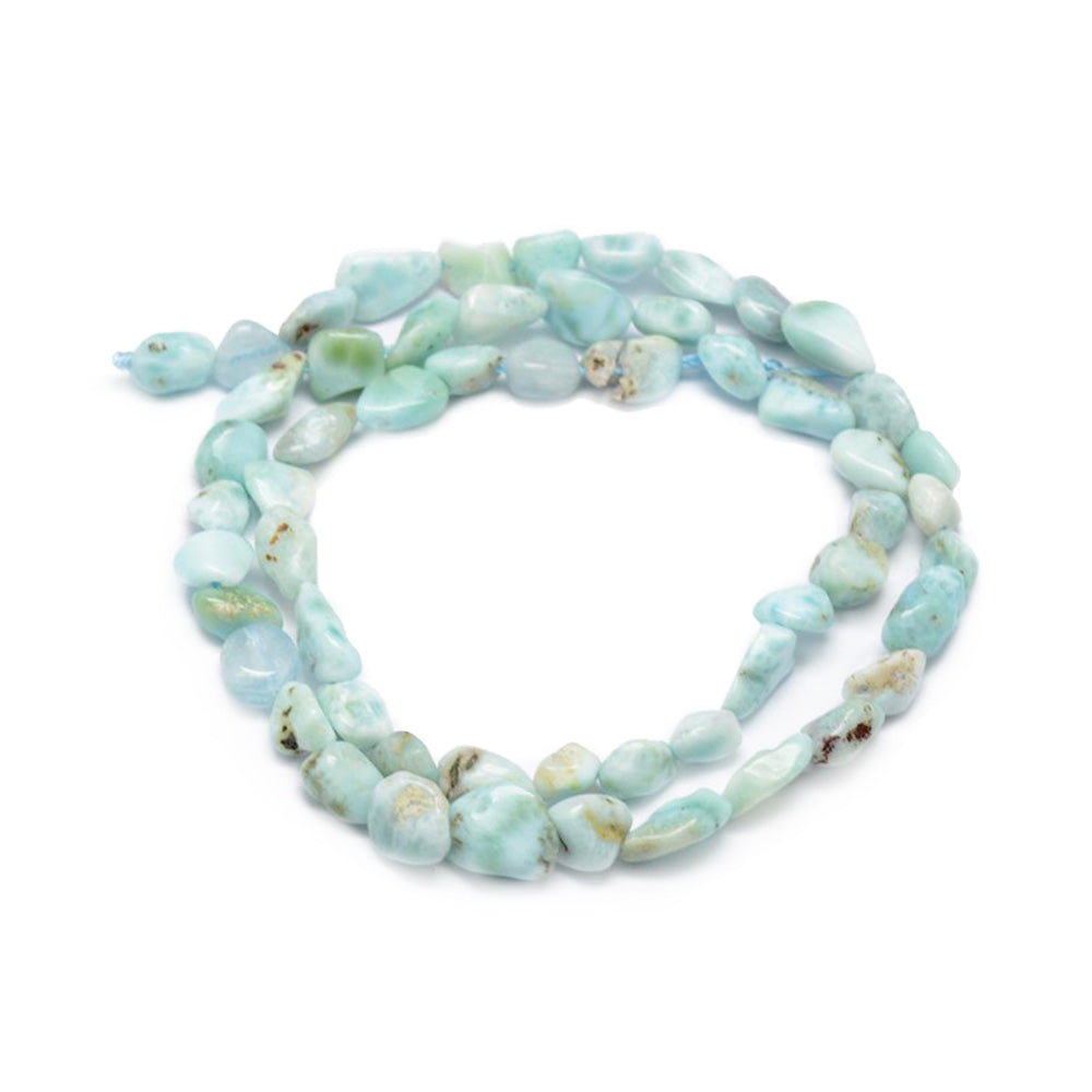 Larimar Gemstone Beads, Chips, Nuggets, Semi-Precious Gemstone Beads for Jewelry Making.   Size: 6-8mm Length, 4-6mm Wide, Hole: 1mm; approx. 48-56pcs/strand, 14.5" Inches Long.  Material: Genuine Natural Larimar Stone, Nugget Beads. Polished, Shinny Finish.   