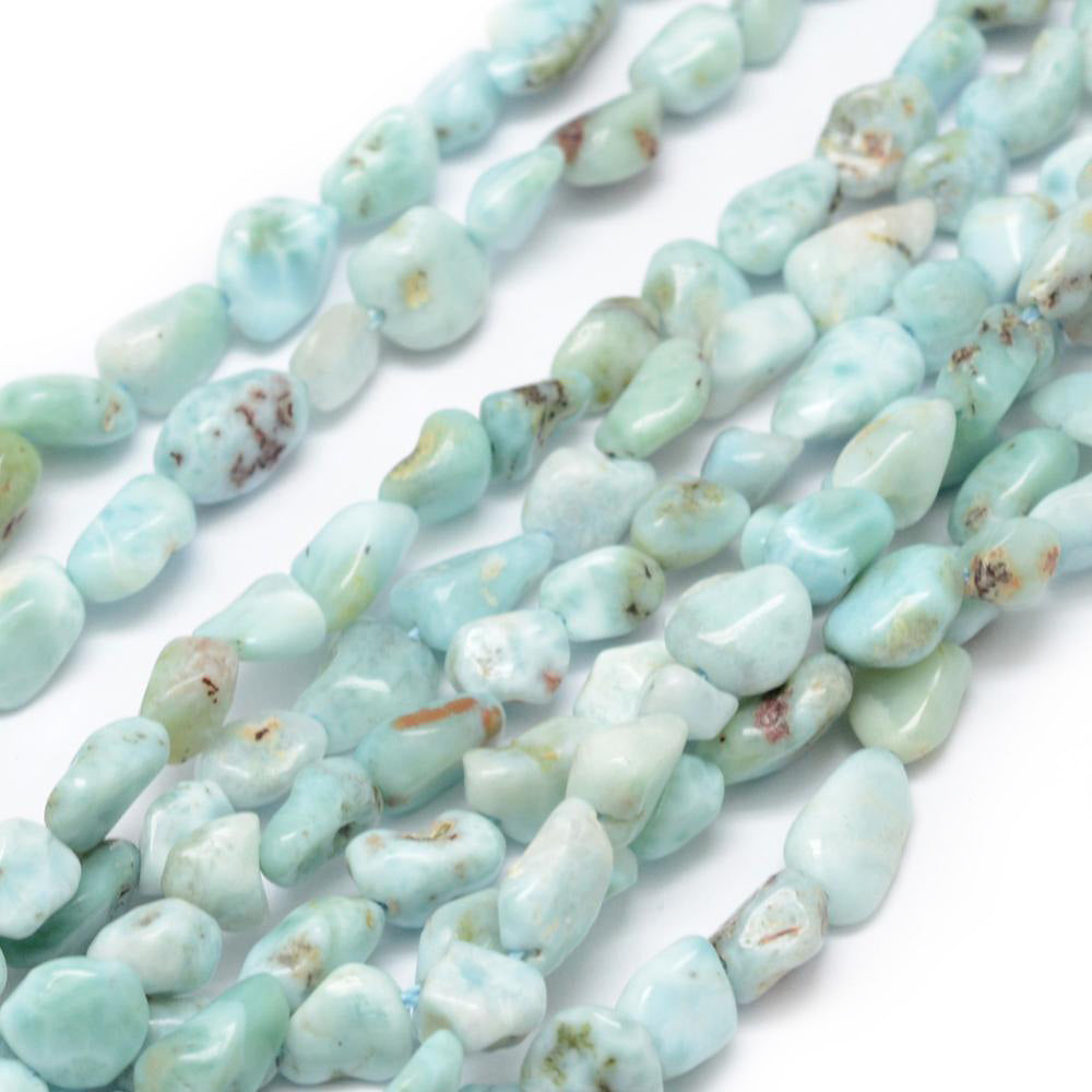 Larimar Gemstone Beads, Chips, Nuggets, Semi-Precious Gemstone Beads for Jewelry Making.   Size: 6-8mm Length, 4-6mm Wide, Hole: 1mm; approx. 48-56pcs/strand, 14.5" Inches Long.  Material: Genuine Natural Larimar Stone, Nugget Beads. Polished, Shinny Finish.   