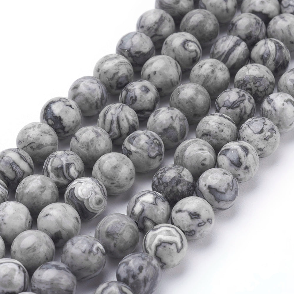 Natural Map Stone Jasper Beads, Round, Light Grey Color. Semi-Precious Gemstone Beads for DIY Jewelry Making. Great for Making Stretch Bracelets.  Size: 8mm Diameter, Hole: 1mm; approx. 46pcs/strand, 15.5 Inches Long.