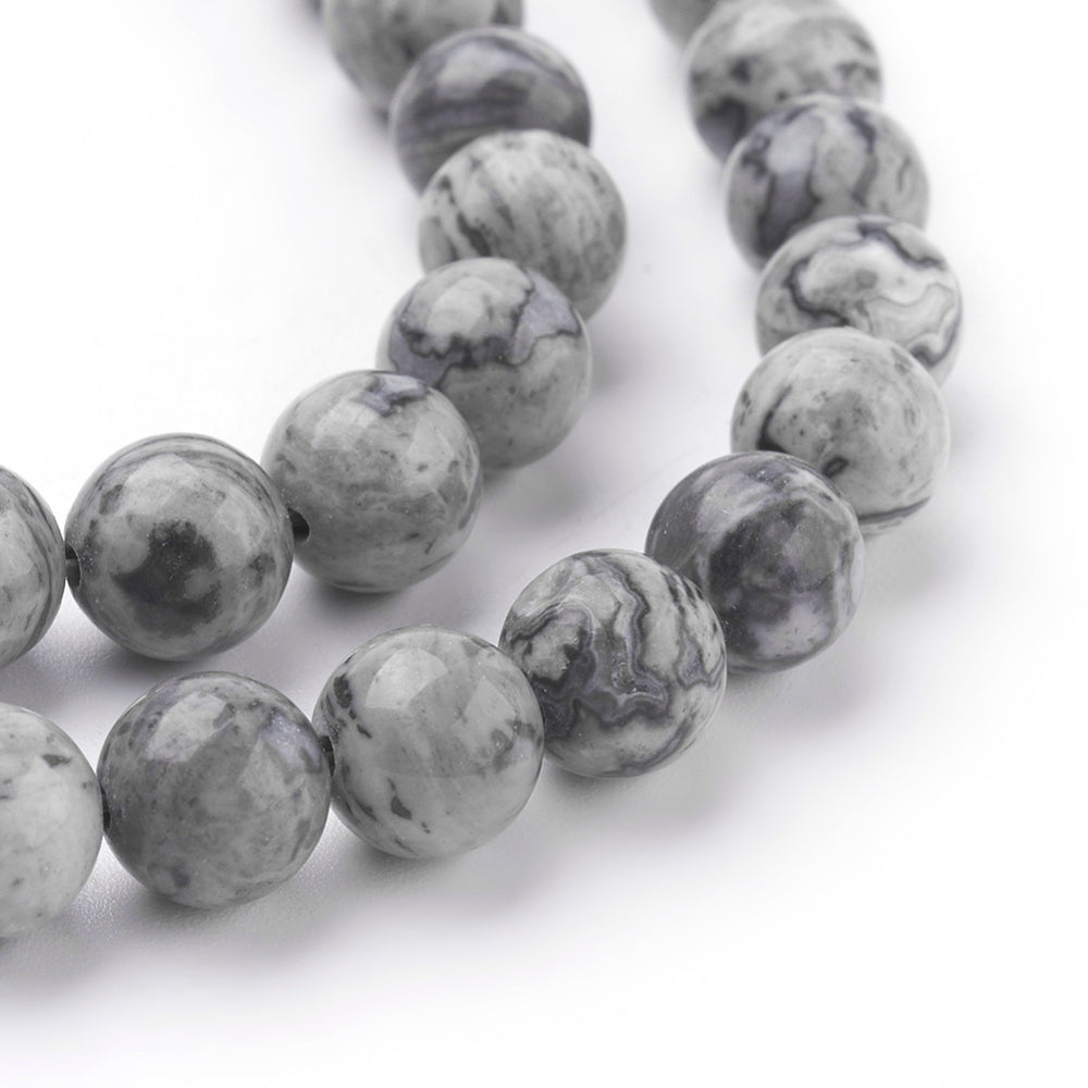 Natural Map Stone Jasper Beads, Round, Light Grey Color. Semi-Precious Gemstone Beads for DIY Jewelry Making. Great for Making Stretch Bracelets.  Size: 8mm Diameter, Hole: 1mm; approx. 46pcs/strand, 15.5 Inches Long.