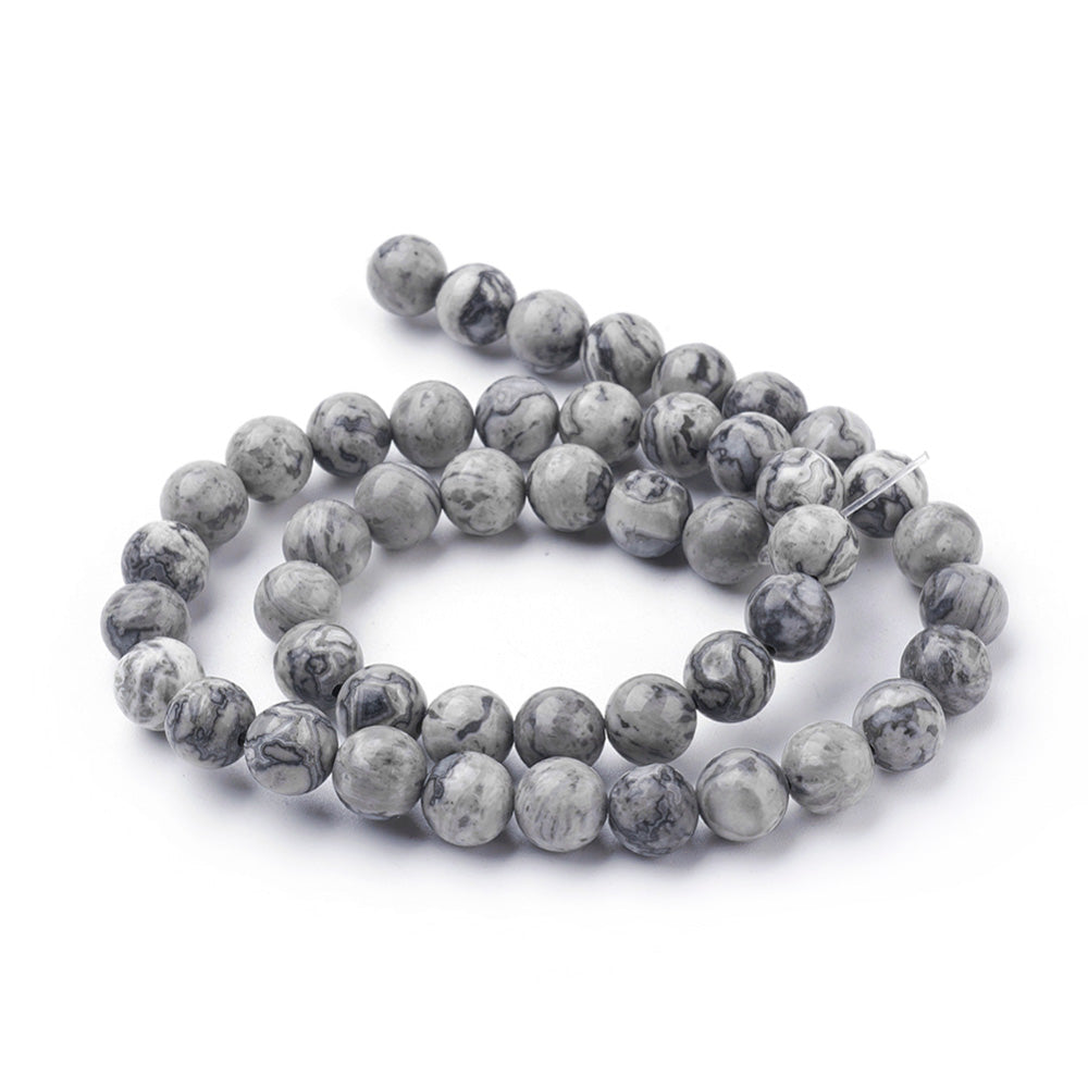 Natural Map Stone Jasper Beads, Round, Light Grey Color. Semi-Precious Gemstone Beads for DIY Jewelry Making. Great for Making Stretch Bracelets.  Size: 8mm Diameter, Hole: 1mm; approx. 46pcs/strand, 15.5 Inches Long. www.beadlot.com