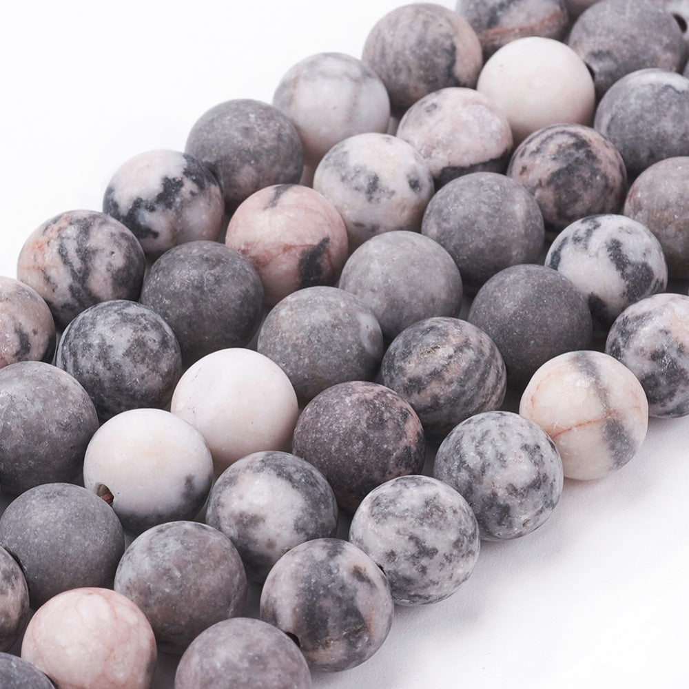 Frosted Natural Pink Zebra Jasper Bead Strands, Round, Soft Pink, Grey, Cream Color. Matte Semi-precious Gemstone Pink Zebra Jasper Beads for DIY Jewelry Making.  High Quality Beads, Perfect for Making Mala Bracelets.