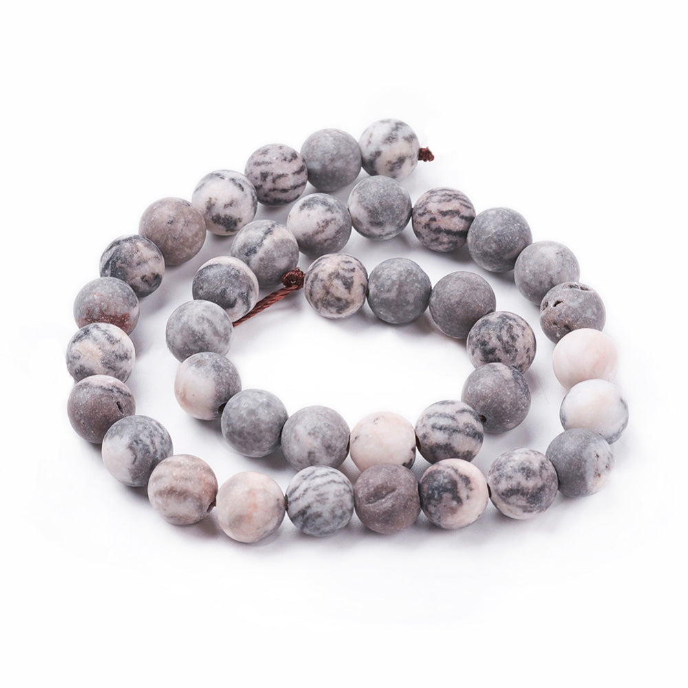 Frosted Natural Pink Zebra Jasper Beads, Round, Soft Pink, Grey, Cream Color. Matte Semi-precious Gemstone Pink Zebra Jasper Beads for DIY Jewelry Making.  High Quality Beads, Perfect for Making Mala Bracelets.  Size: 6mm Diameter, Hole: 0.8mm, approx. 63pcs/strand, 15 inches long.