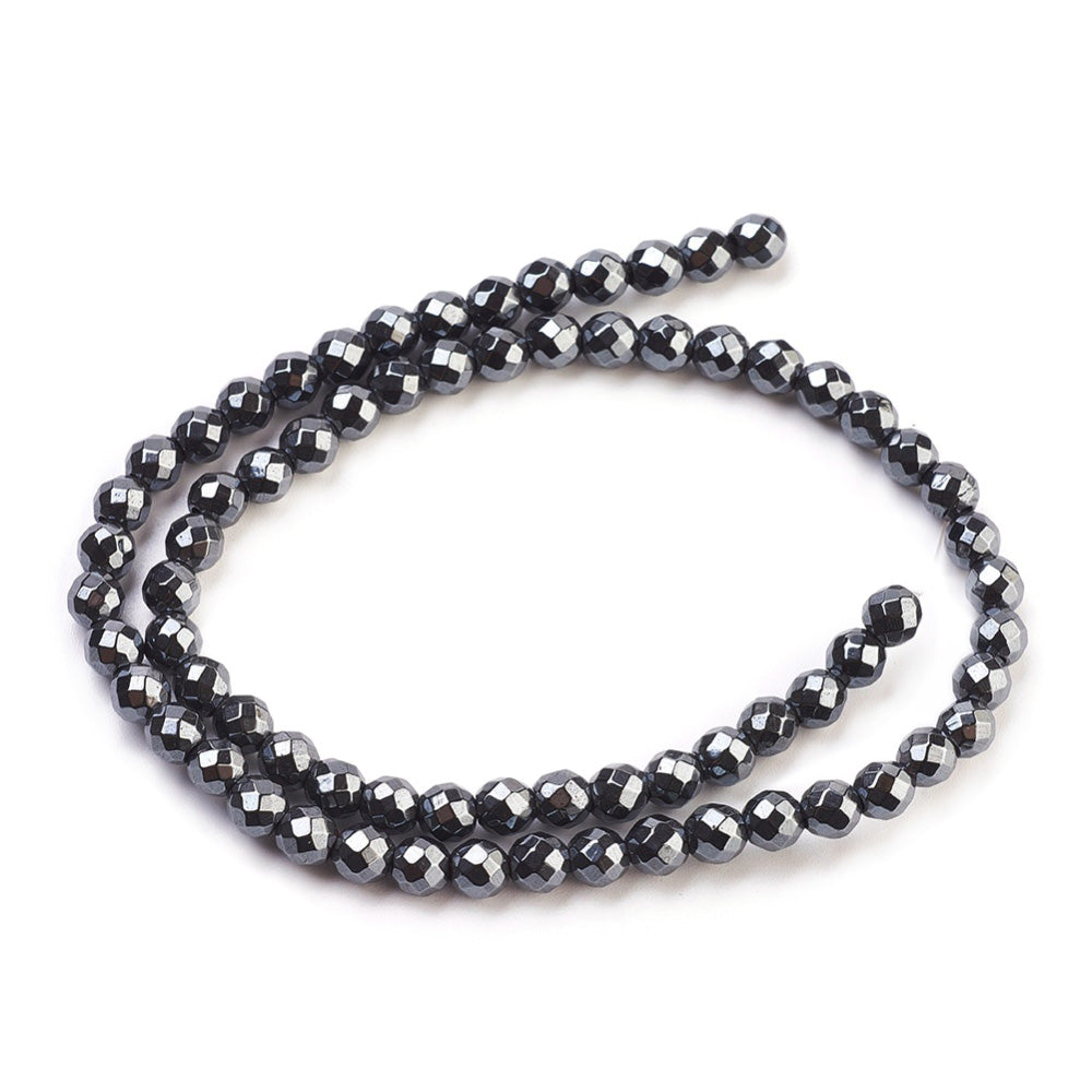 Non Magnetic Hematite Beads, Round, Faceted, Metallic Gunmetal Color. Semi-Precious Stone Beads for Jewelry Making. Affordable Beads for Jewelry Making.  Size: 6mm Diameter, Hole: 1mm, approx. 65pcs/strand, 15 Inches Long.  Material: Non Magnetic Hematite Bead Strands. Metallic Black/Grey Colored Stone Beads. Polished, Shinny Metallic Lustrous Finish.