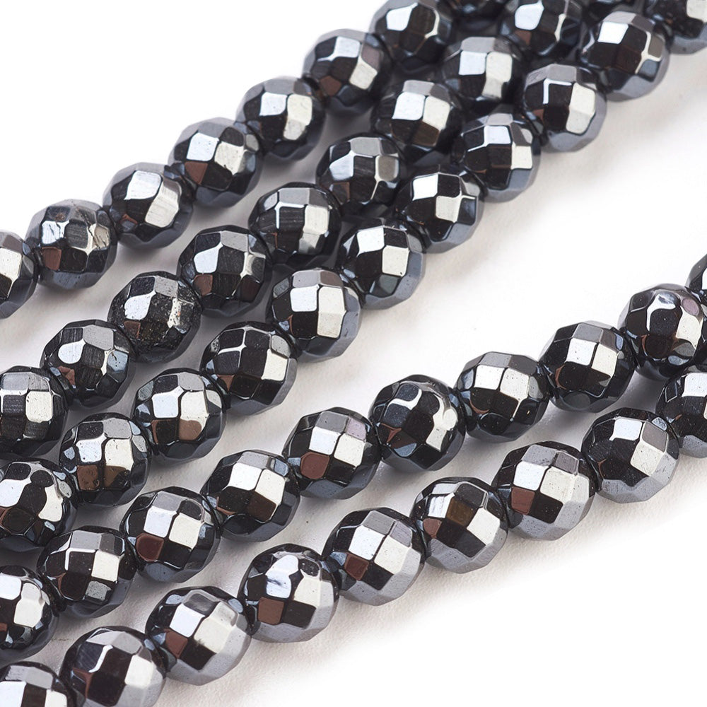 Non Magnetic Hematite Beads, Round, Faceted, Metallic Gunmetal Color. Semi-Precious Stone Beads for Jewelry Making. Affordable Beads for Jewelry Making.  Size: 6mm Diameter, Hole: 1mm, approx. 65pcs/strand, 15 Inches Long.  Material: Non Magnetic Hematite Bead Strands. Metallic Black/Grey Colored Stone Beads. Polished, Shinny Metallic Lustrous Finish.