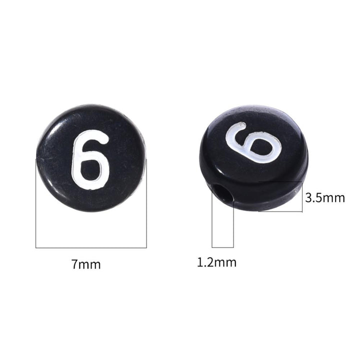 Assorted Acrylic Number Spacer Beads, White Numbers on a Black base. Numerical Spacers for DIY Jewelry Making Projects.   Size: 7mm Diameter, 3.5mm Thick, Hole: 1.2mm, approx. 100pcs/package.  Material: Acrylic Number Spacer Beads. Flat Round Shape, Black and White Color Number Beads. Black Flat Round Beads with White Numbers. Random Assortment of Numbers.