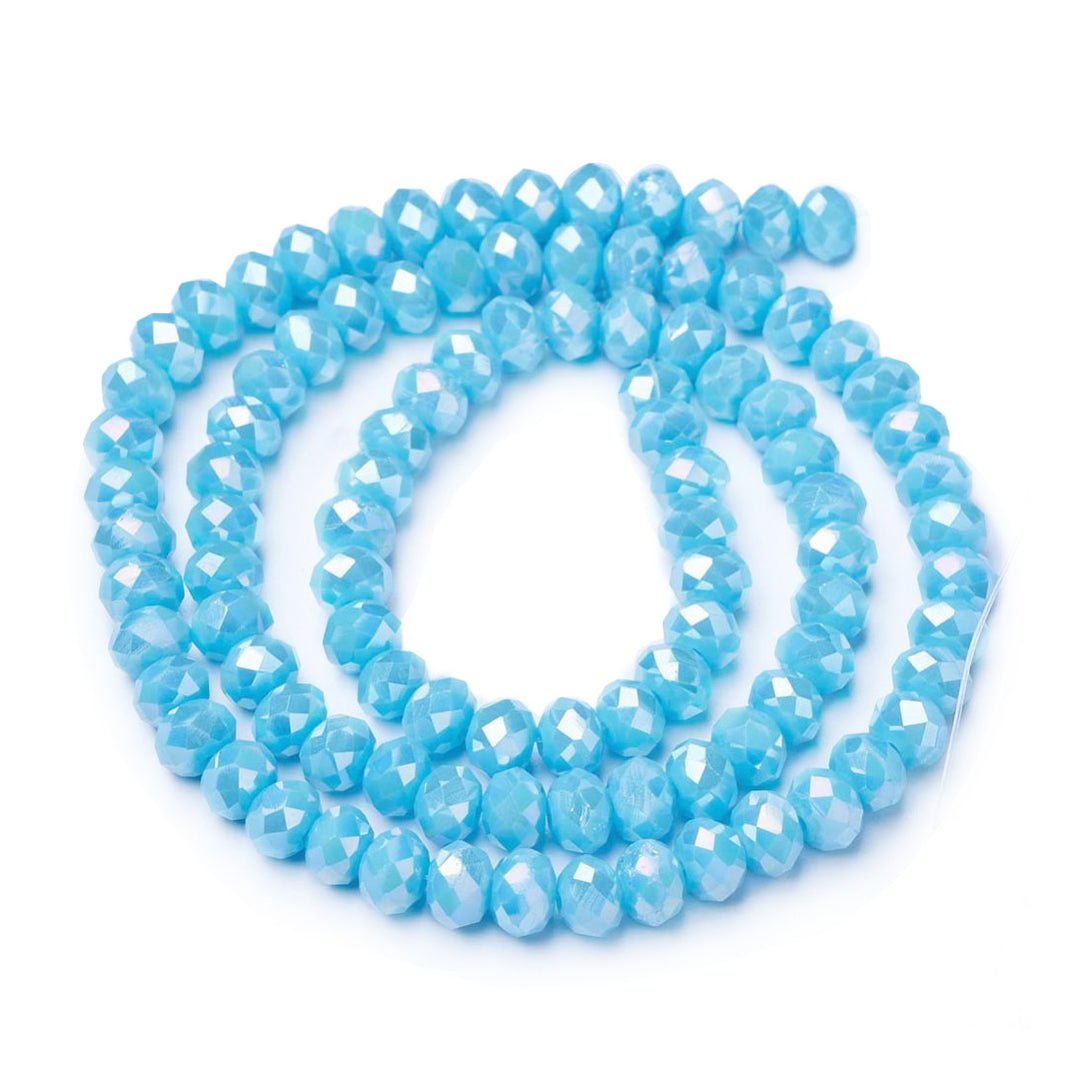 Electroplated Glass Crystal Beads, Faceted, Opaque Sky Blue Color, Rondelle, AB Color Plated Glass Crystal Beads for Jewelry Making.  Size: 8mm Diameter, 6mm Thick, Hole: 1mm; approx. 65-68pcs/strand, 15" inches long.  Material: The Beads are Made from Glass. Electroplated Glass Crystal Beads, Rondelle, Sky Blue Color, AB Color Plated Beads. Polished, Shinny Finish.