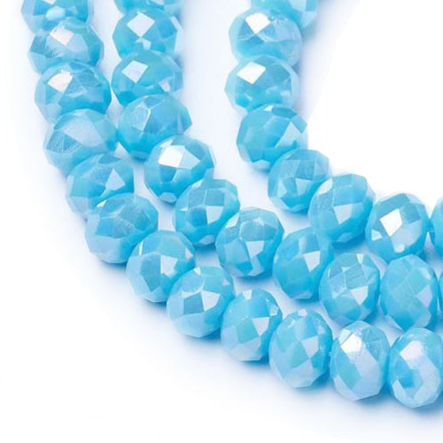 Electroplated Glass Crystal Beads, Faceted, Opaque Sky Blue Color, Rondelle, AB Color Plated Glass Crystal Beads for Jewelry Making.  Size: 8mm Diameter, 6mm Thick, Hole: 1mm; approx. 65-68pcs/strand, 15" inches long.  Material: The Beads are Made from Glass. Electroplated Glass Crystal Beads, Rondelle, Sky Blue Color, AB Color Plated Beads. Polished, Shinny Finish.