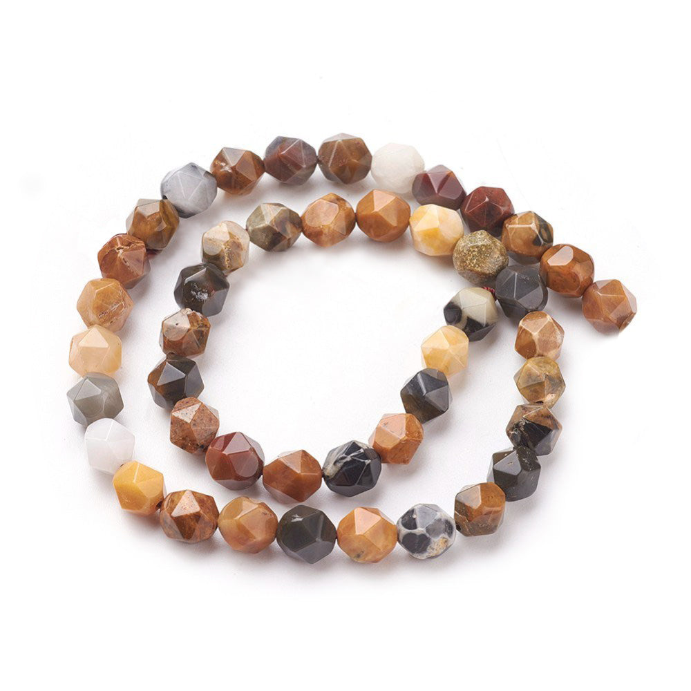 Petrified Wood Beads, Round, Faceted, Star Cut Beads. Sandy Brown Color Semi-Precious Gemstone Beads for Jewelry Making.   Size: 7-8mm Diameter, Hole: 1mm; approx. 47-48pcs/strand, 14.5" Inches Long  Material: Natural Petrified Wood Semi Precious Stone Beads. Polished, Shinny Finish.