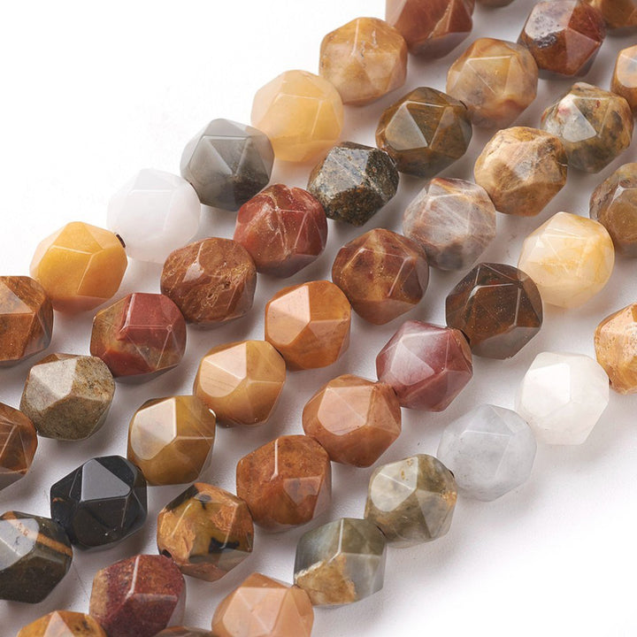 Petrified Wood Beads, Round, Faceted, Star Cut Beads. Sandy Brown Color Semi-Precious Gemstone Beads for Jewelry Making.   Size: 7-8mm Diameter, Hole: 1mm; approx. 47-48pcs/strand, 14.5" Inches Long  Material: Natural Petrified Wood Semi Precious Stone Beads. Polished, Shinny Finish.