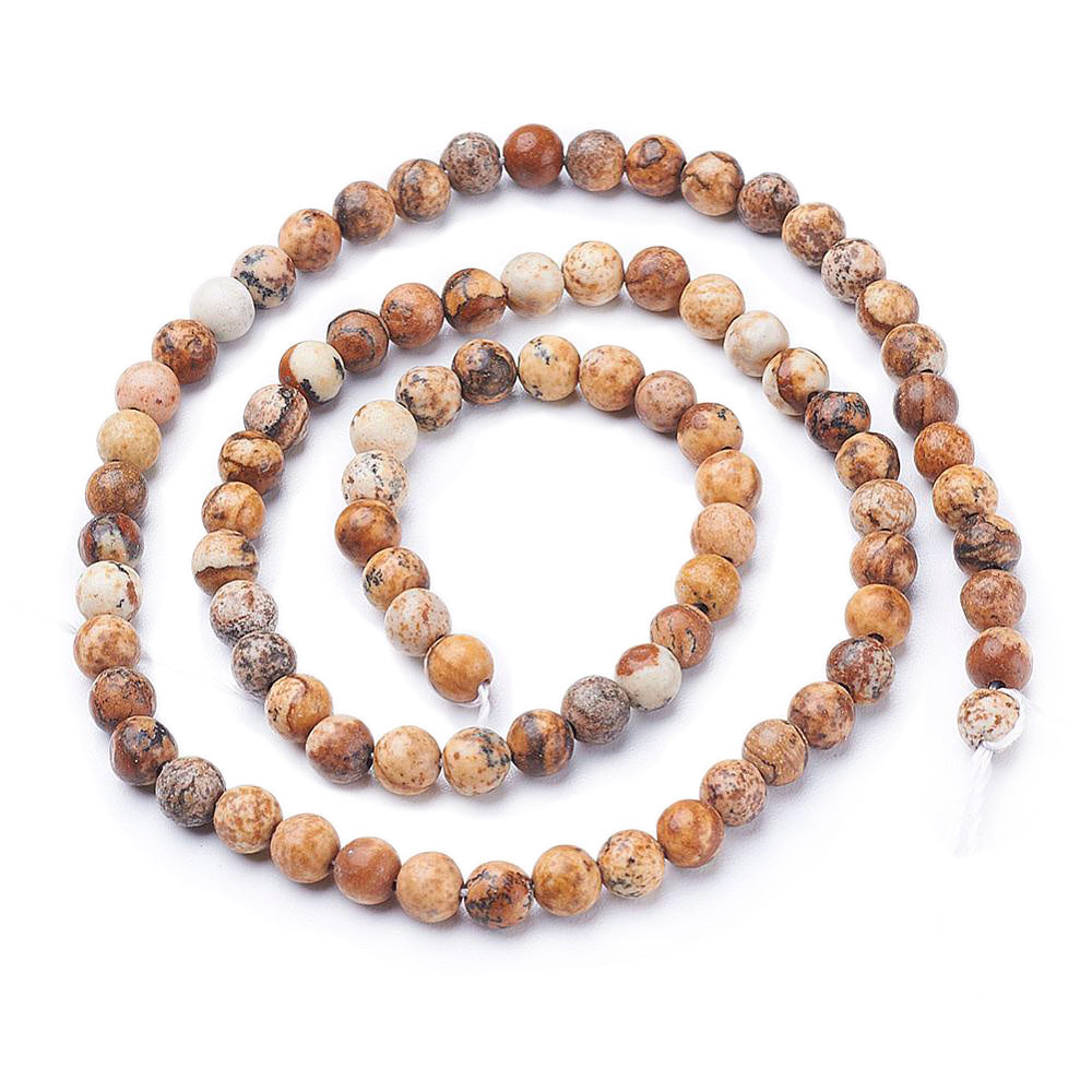 Natural Picture Jasper Beads, Brown Color. Semi-precious Gemstone Beads for DIY Jewelry Making.   Size: 4mm Diameter, Hole: 0.8mm, approx. 90pcs/strand. 15" inches long.  Material: Genuine Natural Picture Jasper Stone Beads, Light Brown Color. Shinny, Polished Finish.