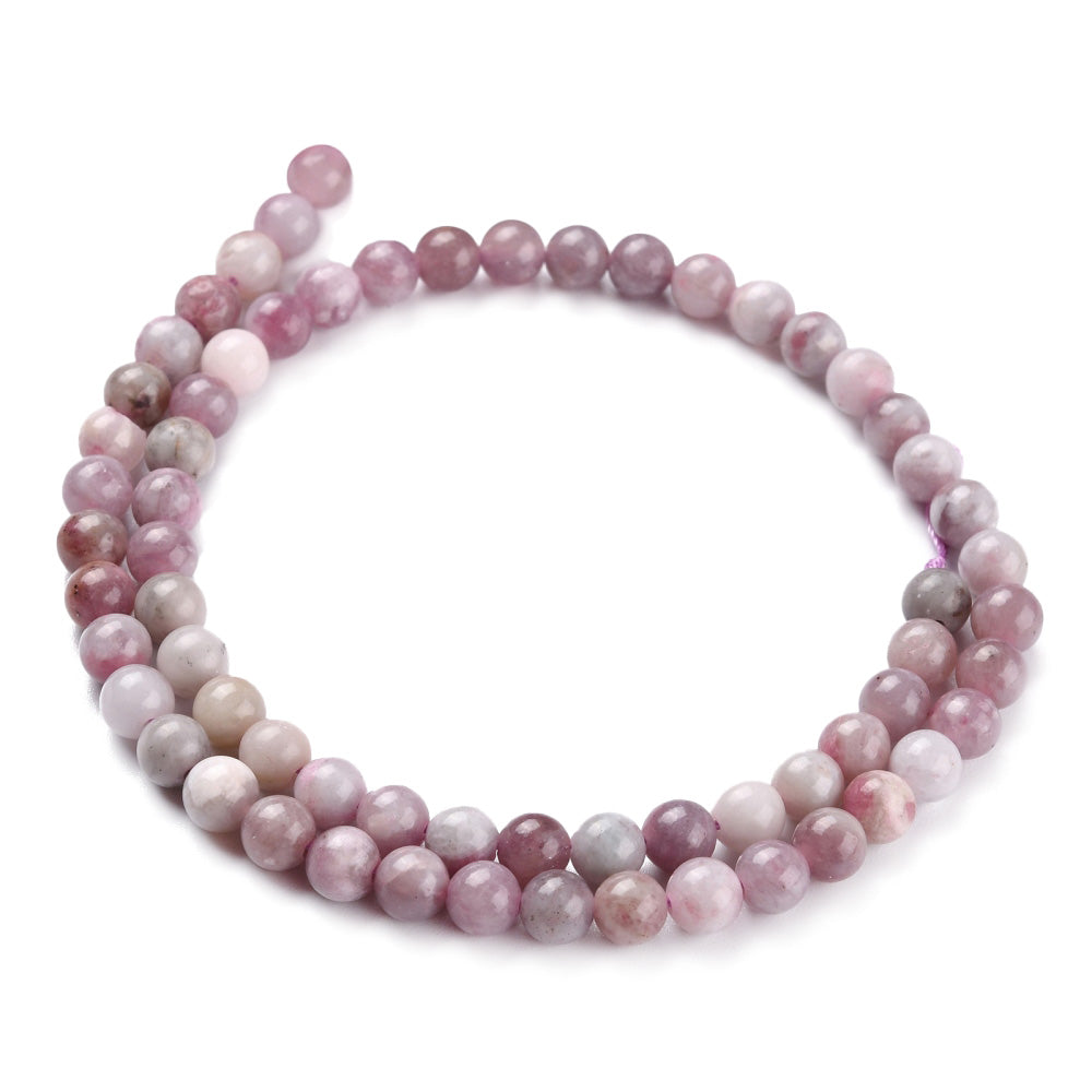 Plum Blossom Tourmaline Stone Beads, Round, Plum Pink Color Color. Semi-Precious Tourmaline Stone Beads for Jewelry Making.   Size: 6-6.5mm Diameter, Hole: 1mm, approx. 62pcs/strand, 14.5" Inches Long.  Material:  Natural Plum Blossom Tourmaline Beads, Plum Color. Polished, Shinny Finish. 