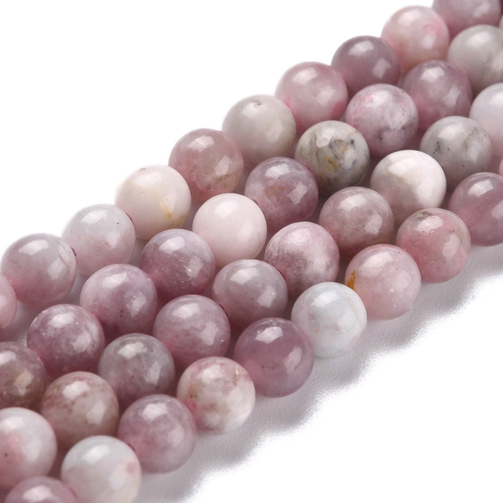 Plum Blossom Tourmaline Stone Beads, Round, Plum Pink Color Color. Semi-Precious Tourmaline Stone Beads for Jewelry Making.   Size: 6-6.5mm Diameter, Hole: 1mm, approx. 62pcs/strand, 14.5" Inches Long.  Material:  Natural Plum Blossom Tourmaline Beads, Plum Color. Polished, Shinny Finish. 