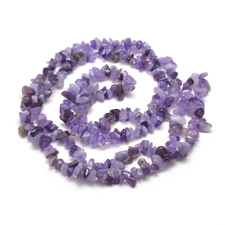 Lovely Amethyst Chip Beads. Premium Grade Amethyst Gemstone Chips. Semi-Precious Stone Chip Beads for DIY Jewelry Making.  Size: approx. 5~8mm Wide, Hole: 1mm; approx. 33" Inches Long  Material: Genuine Natural Amethyst Beads, Chip Size: 5-8mm chips, Hole: 1mm. High Quality Crystal Chip Beads. Polished, Shinny Finish. 