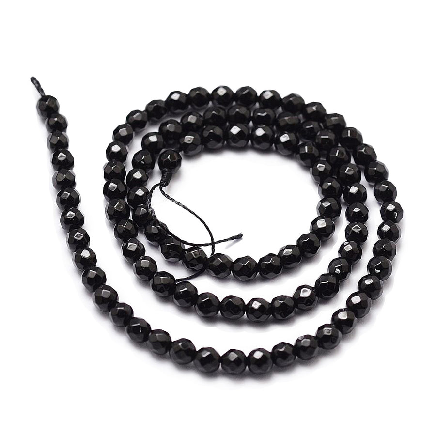 Faceted Black Onyx Beads, Round, Shinny Black Color. Semi-Precious Gemstone Beads for DIY Jewelry Making.  Size: 4mm Diameter, Hole: 1mm; approx. 95pcs/strand, 14.5" Inches Long.  Material: Premium Grade Black Onyx, Faceted, Round, Black Color. Polished, Shinny Finish.