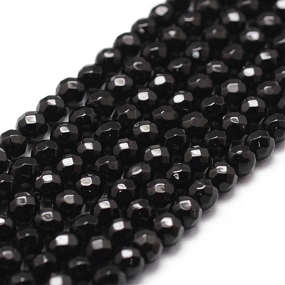 Faceted Black Onyx Beads, Round, Shinny Black Color. Semi-Precious Gemstone Beads for DIY Jewelry Making.  Size: 4mm Diameter, Hole: 1mm; approx. 95pcs/strand, 14.5" Inches Long.  Material: Premium Grade Black Onyx, Faceted, Round, Black Color. Polished, Shinny Finish.