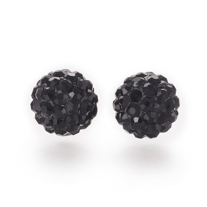 Pave Rhinestone Studded Spacer Beads, Jet Black Color Beads with Black Color Rhinestones. Spacers for DIY Jewelry Making. Lovely Focal Beads.  Size: 7.5-8mm Diameter, Hole: 1mm, Quantity: 10pcs/package.  Material: Grade "A" Rhinestone Studded Polymer Clay Pave Crystal Ball Beads. 6 Rows of Rhinestones. Black Base with Jet Black Colored Rhinestones. Shinny Sparkling Crystal Disco Balls. 