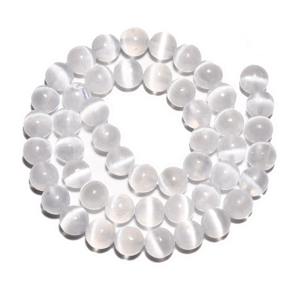 Premium Grade Selenite Beads, White Color. Semi-Precious Selenite Stone Beads for DIY Jewelry Making.   Size: 8mm Diameter, Hole: 0.9mm; approx. 47-49pcs/strand, 15" Inches Long.  Material: Premium Grade "AAA" Selenite Beads, White Color. Polished, Shinny Finish.