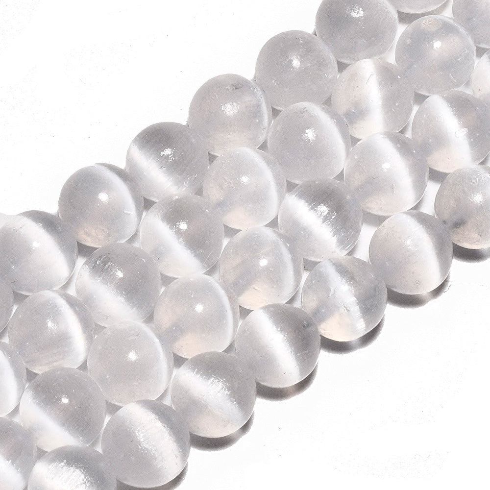 Premium Grade Selenite Beads, White Color. Semi-Precious Selenite Stone Beads for DIY Jewelry Making.   Size: 8mm Diameter, Hole: 0.9mm; approx. 47-49pcs/strand, 15" Inches Long.  Material: Premium Grade "AAA" Selenite Beads, White Color. Polished, Shinny Finish.