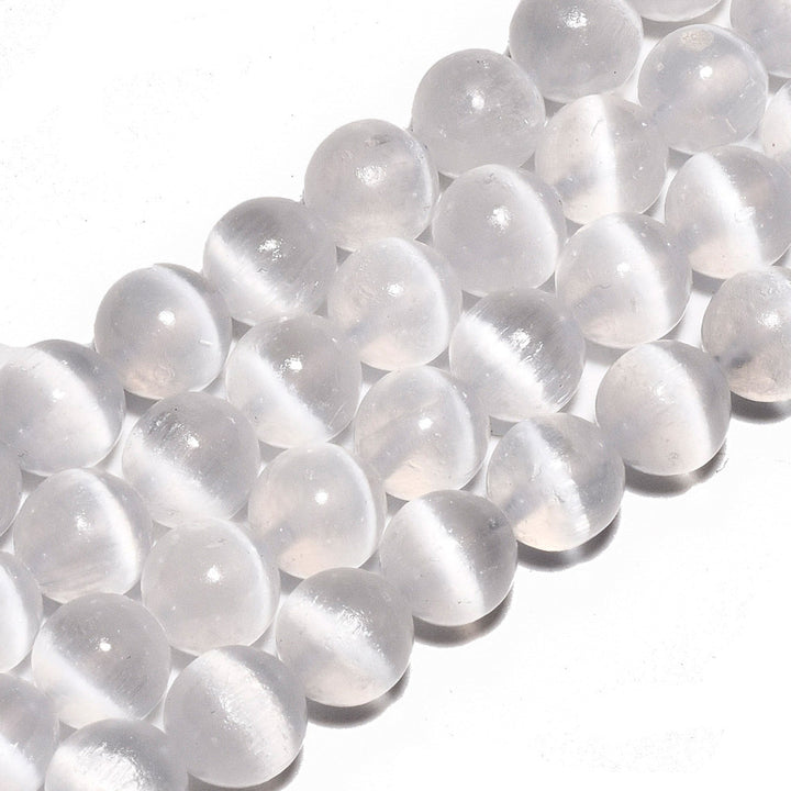 Premium Grade Selenite Beads, White Color. Semi-Precious Selenite Stone Beads for DIY Jewelry Making.   Size: 8mm Diameter, Hole: 0.9mm; approx. 47-49pcs/strand, 15" Inches Long.  Material: Premium Grade "AAA" Selenite Beads, White Color. Polished, Shinny Finish.